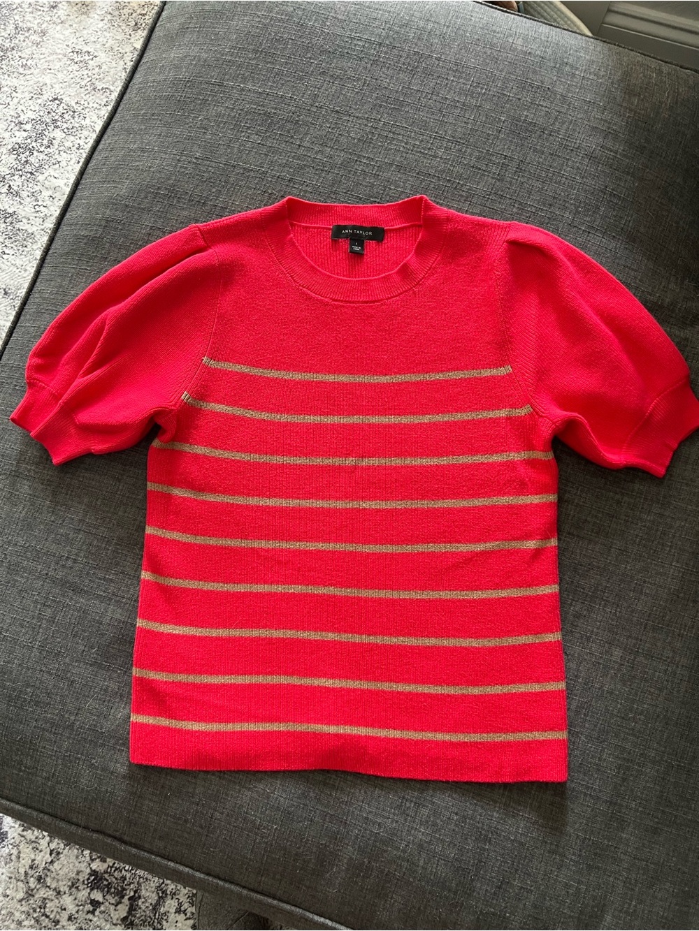 Ann Taylor Petite Deep Pink and tan stripe short sleeve sweater